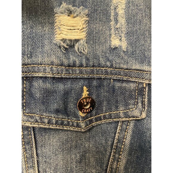 Womens Distressed Denim Jacket Cropped Frayed Hem 3X Casual Relaxed Distressed - Picture 6 of 7